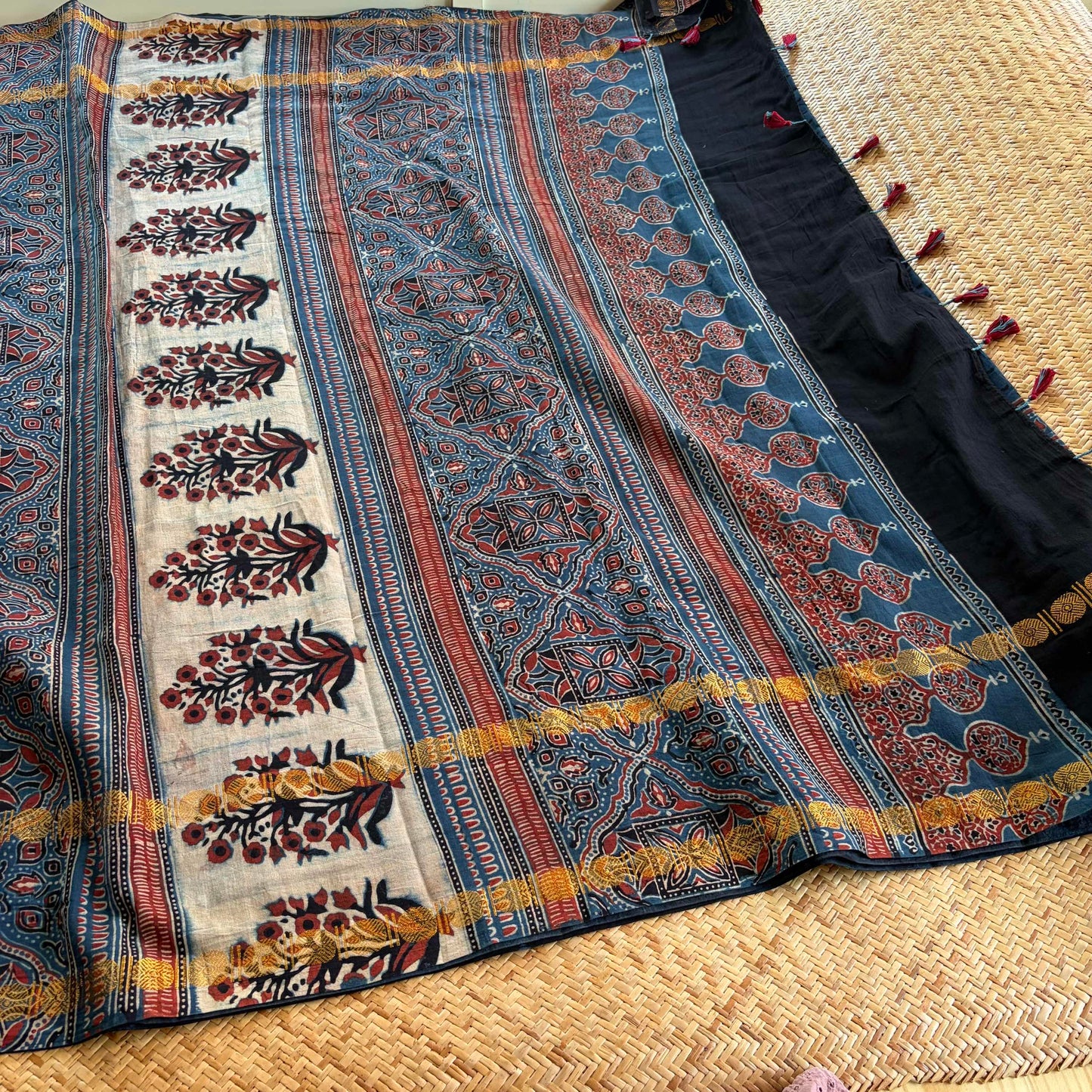 Cloud Indigo, Ajrak Hand Block Printed On Madurai Cotton Saree With Zari