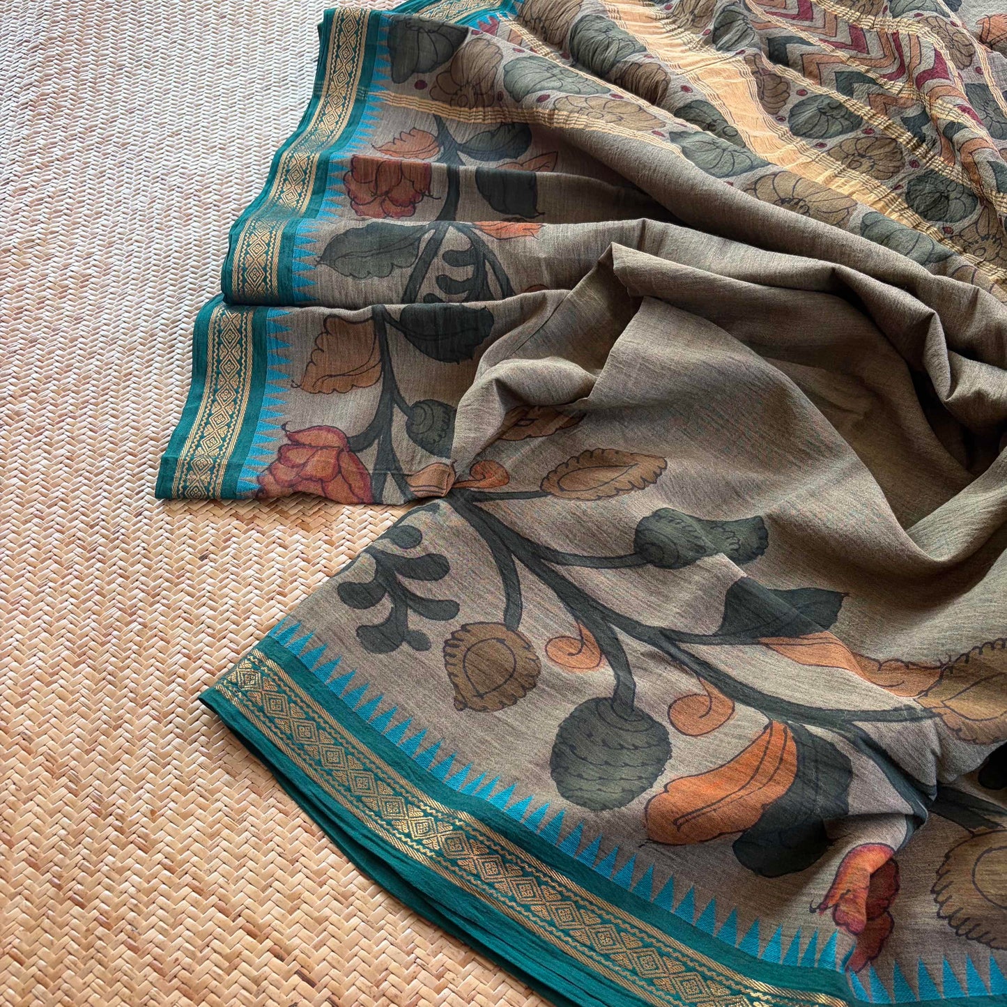 Grey Kalamkari Hand Painted on Chettinad Cotton saree