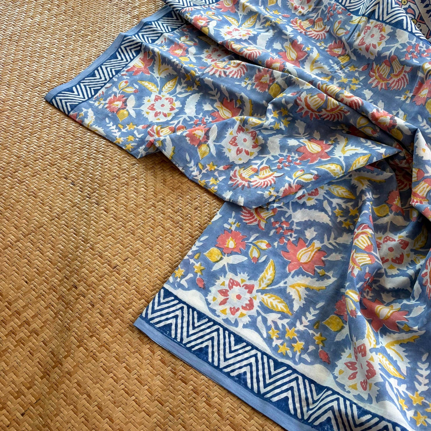 Mul Mul Cotton saree, Hand Block Printed, Pastel Blue
