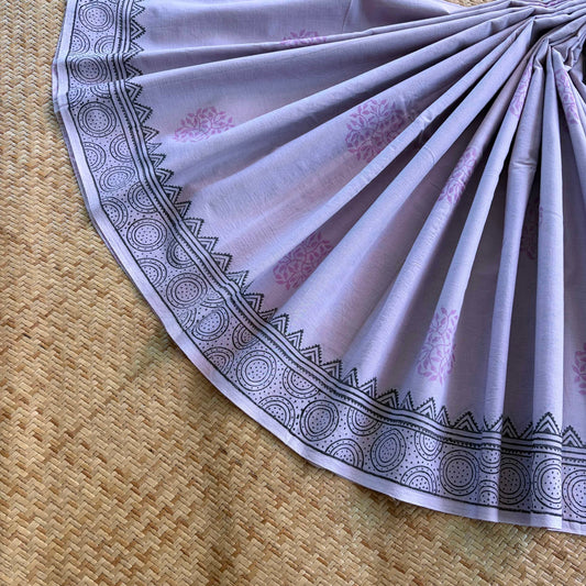 Mul Mul Cotton saree, Hand Block Printed, Lavender