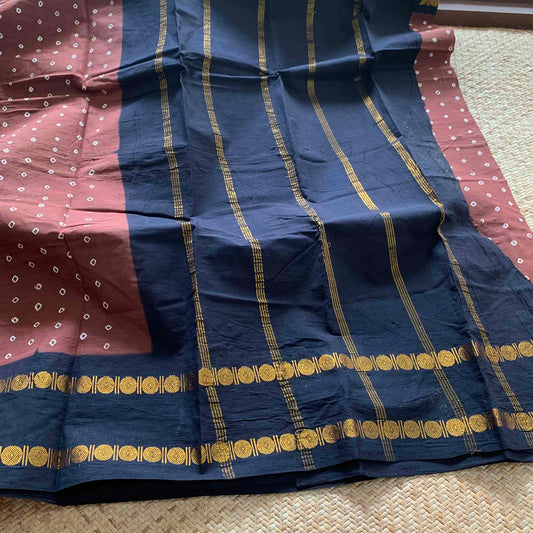 Brown Saree With Black Border, Hand knotted Sungudi On a Rudraksham Border Cotton saree, Kaikattu Sungadi