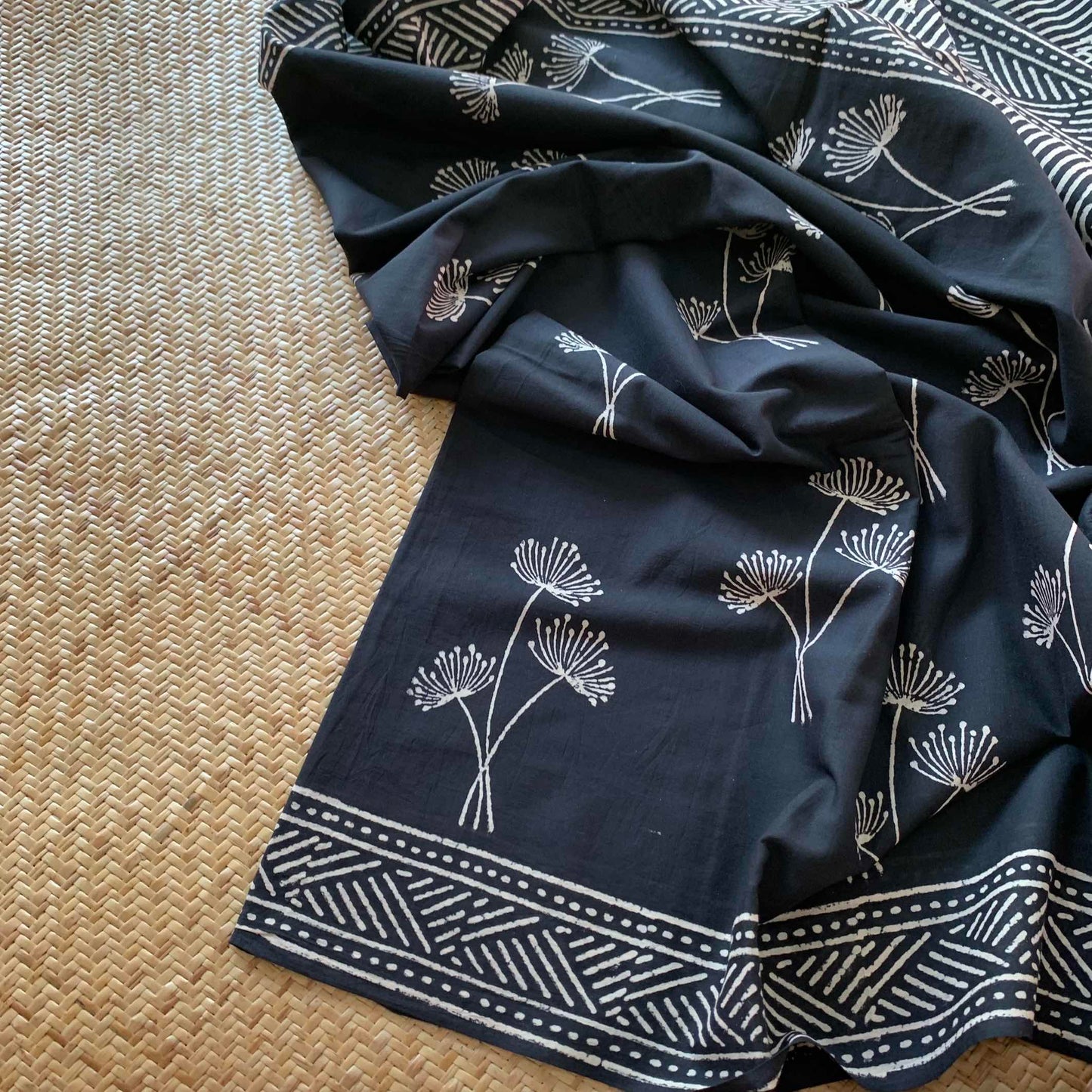 Mul Mul Cotton saree, Hand Block Printed, Black