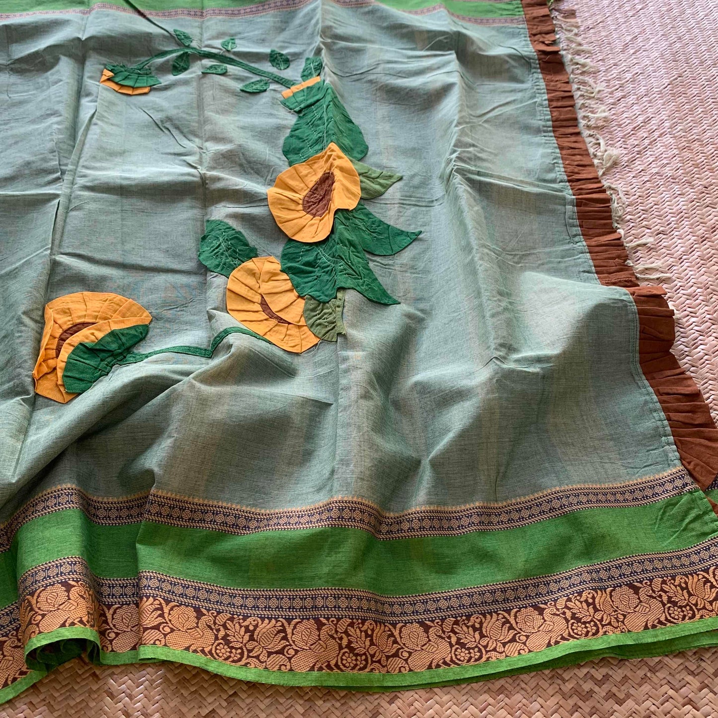 Patch work chettinadu Cotton saree, Green