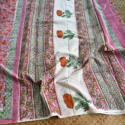 Mul Mul Cotton saree, Hand Block Printed, Pink