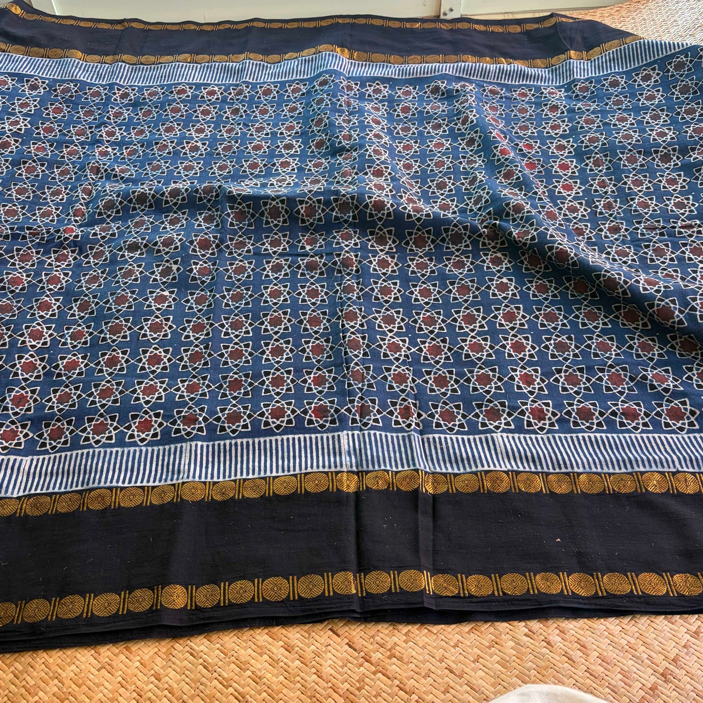 Atoms-Indigo, Ajrak Hand Block Printed On Madurai Cotton Saree With Zari