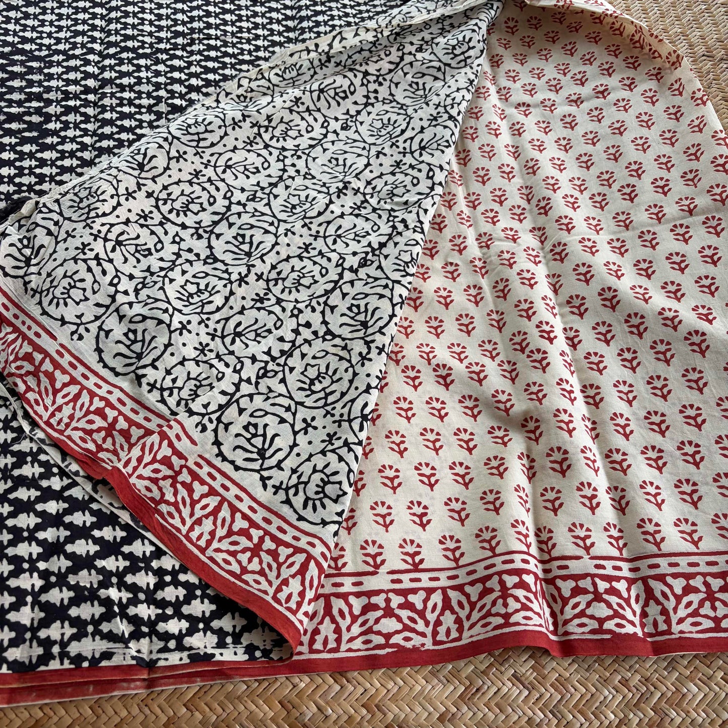 Mul Mul Cotton saree, Hand Block Printed, Cream