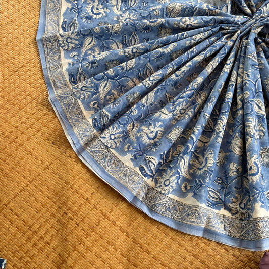 Mul Mul Cotton saree, Hand Block Printed, Blue