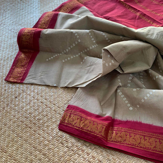 Beige With Maroon Saree , Hand knotted Sungudi , Kaikattu Cotton Sungadi