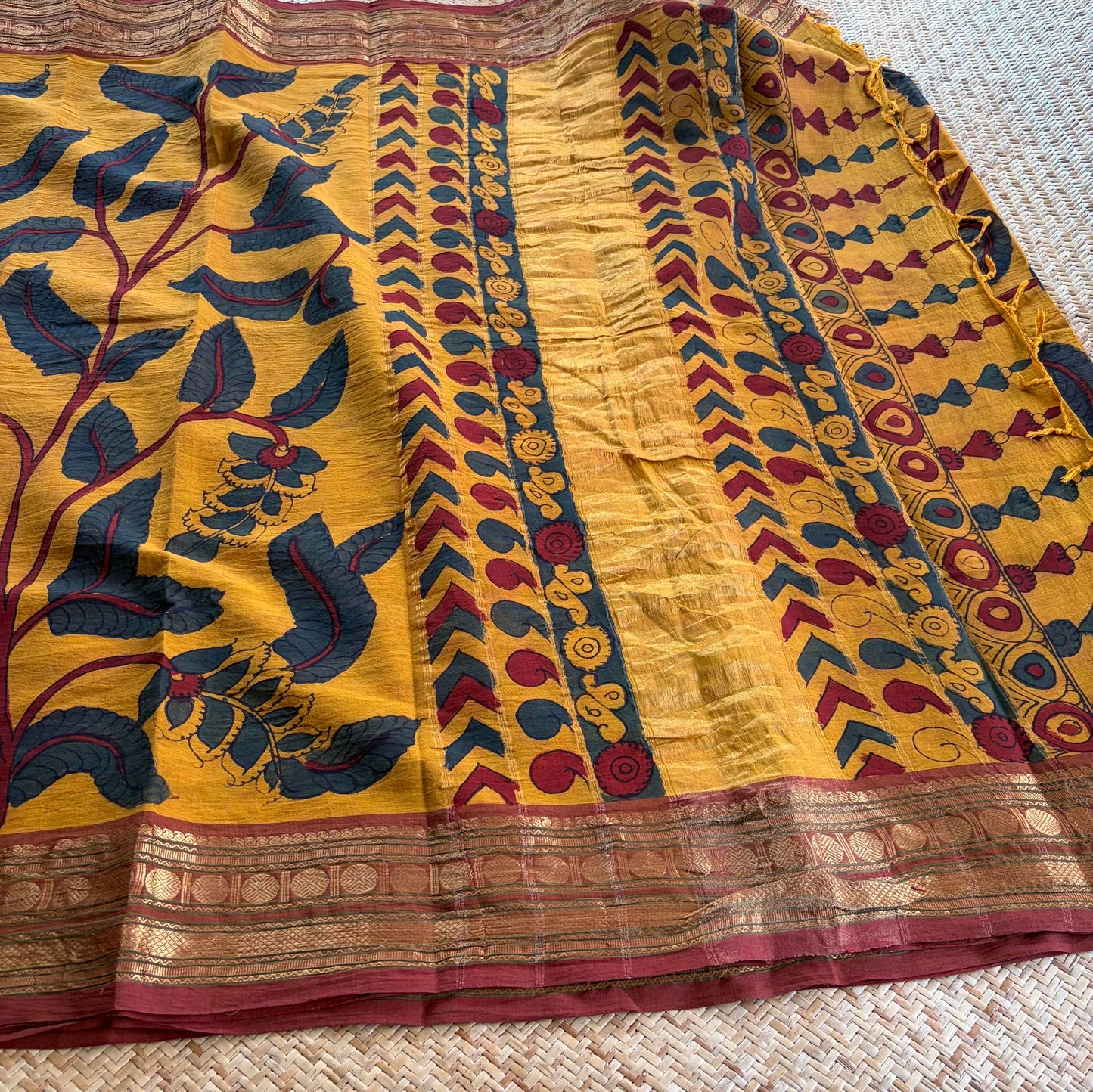 Mustard Kalamkari Hand Painted on Chettinad Cotton saree