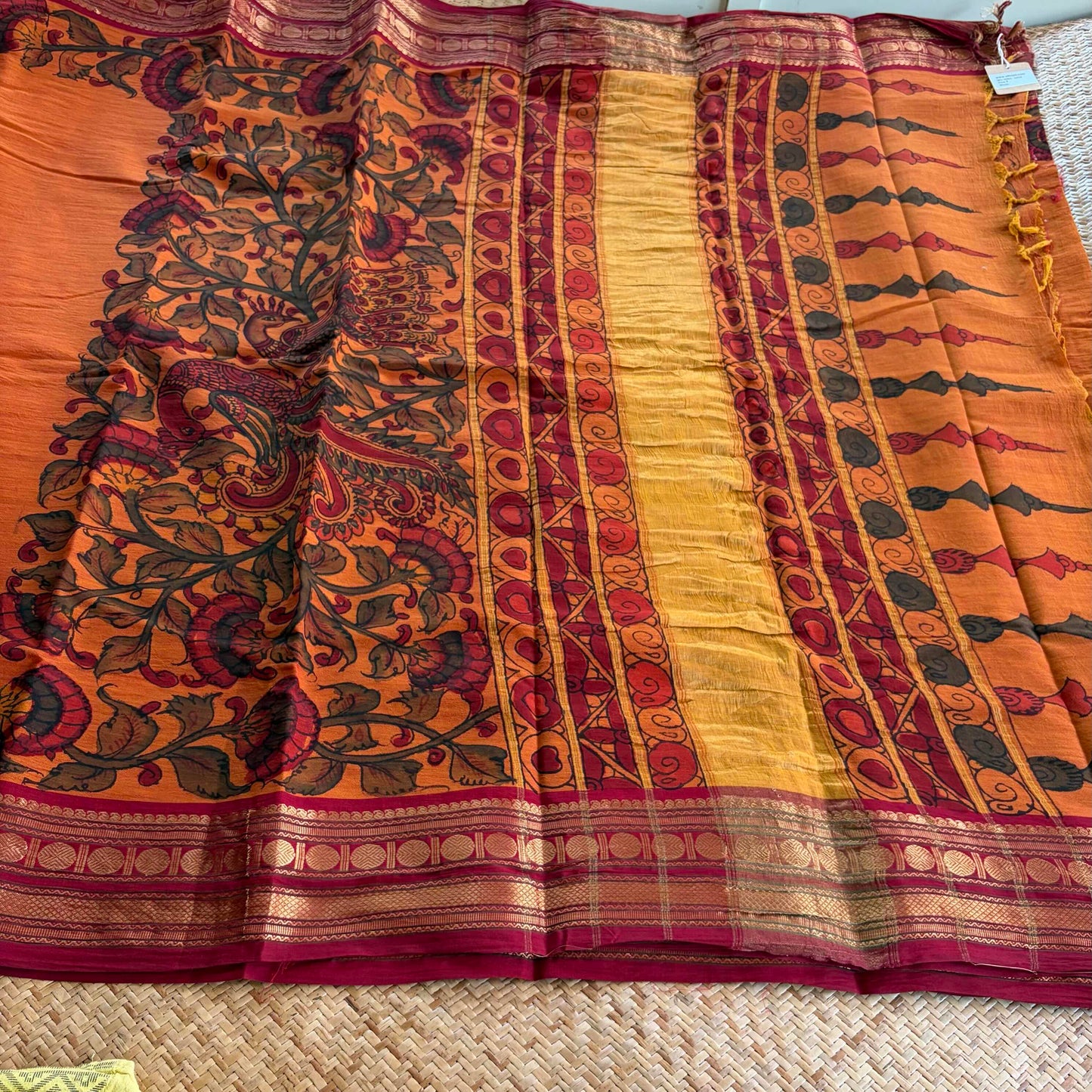 Orange, Kalamkari Hand Painted on Chettinad Cotton saree