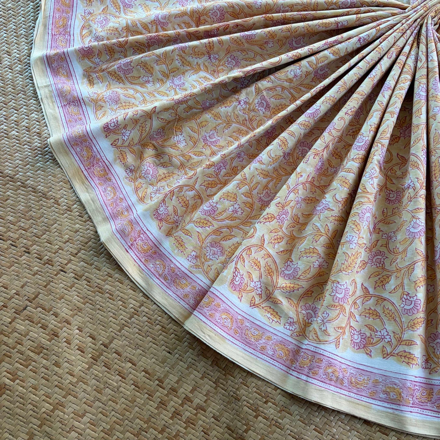 Mul Mul Cotton saree, Hand Block Printed, Butter Yellow