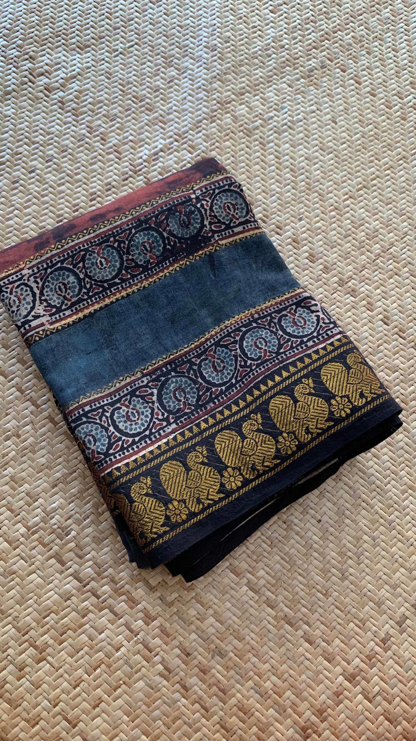 Trailing Plants- Black, Ajrak Hand Block Printed On Madurai Cotton Saree With Zari