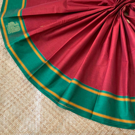 Kanchipuram Cotton Saree, Maroon Double Tone Saree with Green Border with Grand Pallu and Yazhi Chakkaram Butta