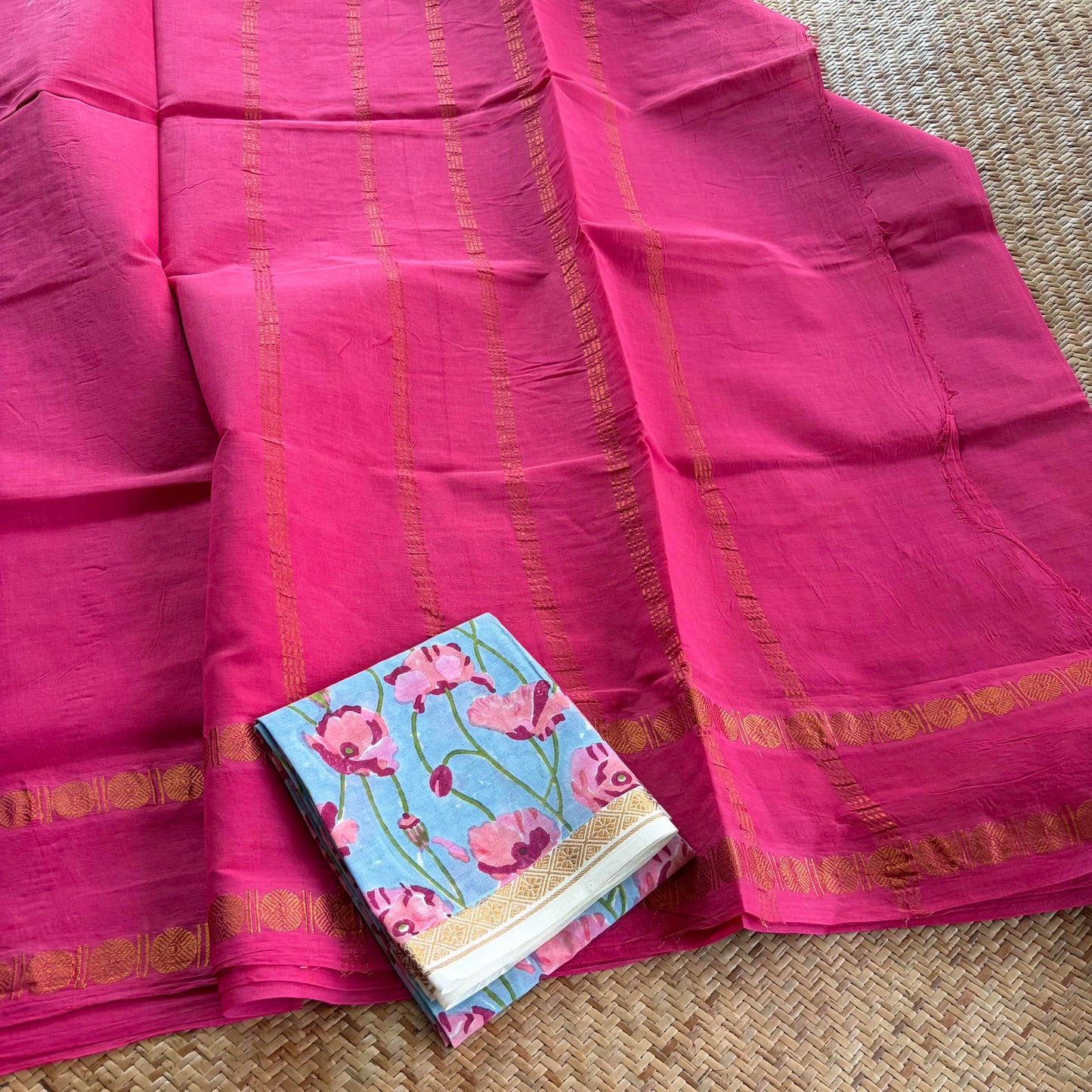 Pink Saree With Hand Block Printed Blouse , Zari Rudraksham Rettai Pettu Border , Clamp dyed (Kattu sayam)