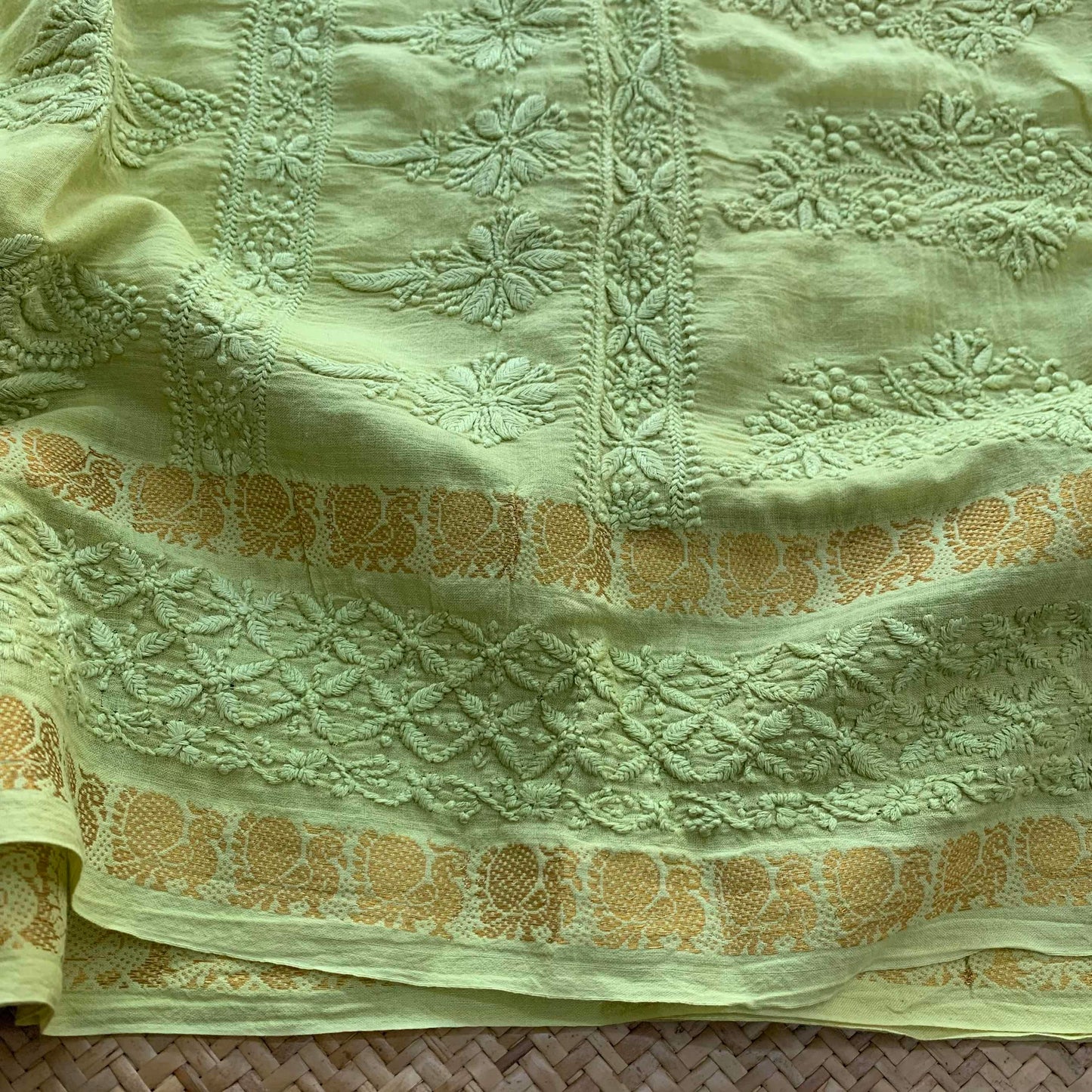 Green Chickankari Hand Embroidery on a Sungudi Cotton Saree