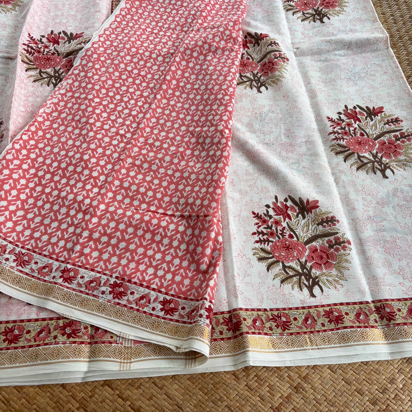 White, Jaipur Hand Block Printed On Madurai Cotton Saree With Zari