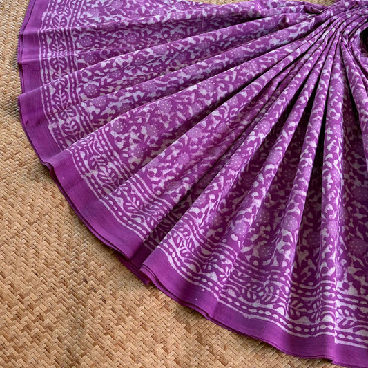 Mul Mul Cotton saree, Hand Block Printed, Purple