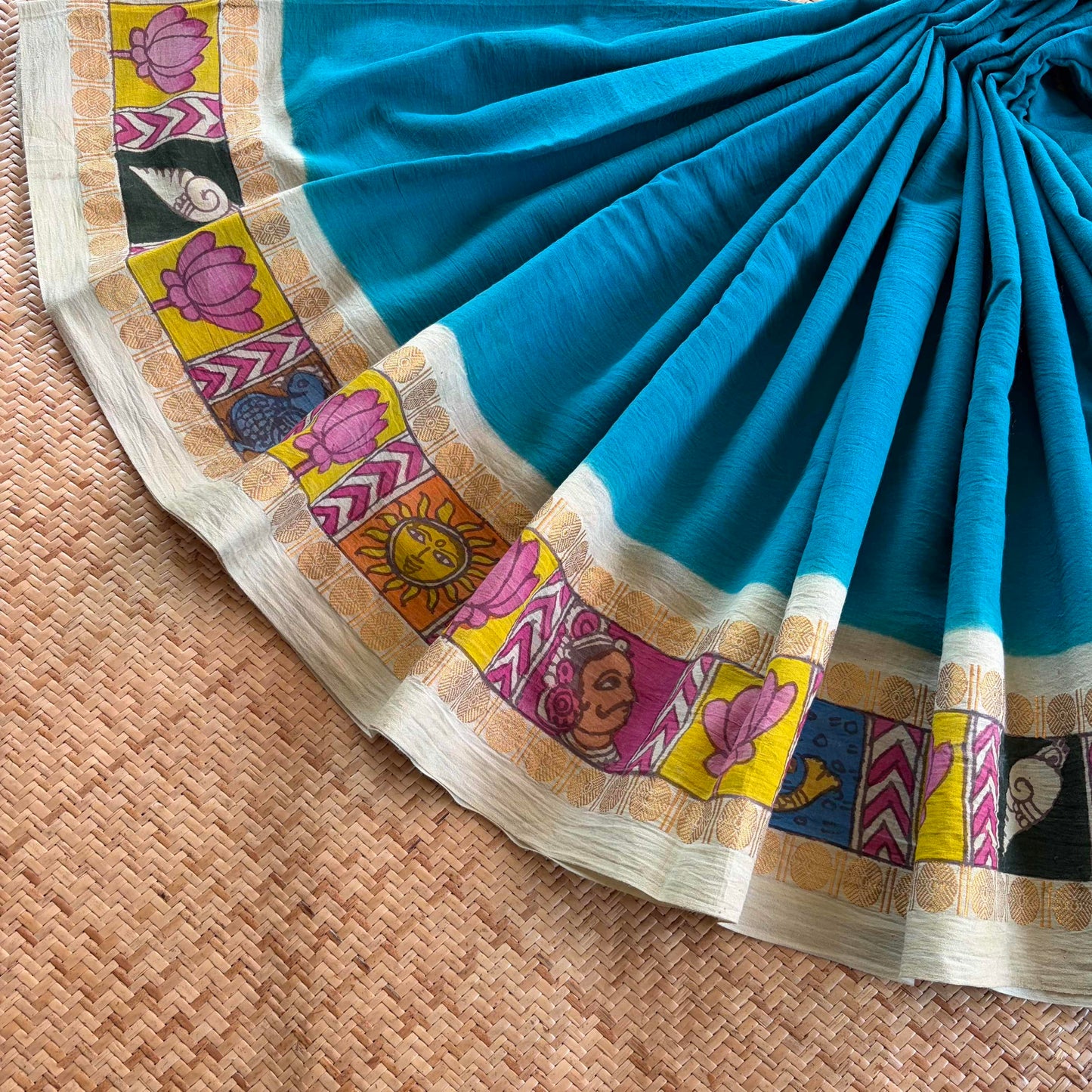 Aqua - Kalamkari Hand Painted on a Madurai Sungudi Cotton saree. With Blouse