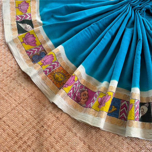 Aqua - Kalamkari Hand Painted on a Madurai Sungudi Cotton saree. With Blouse