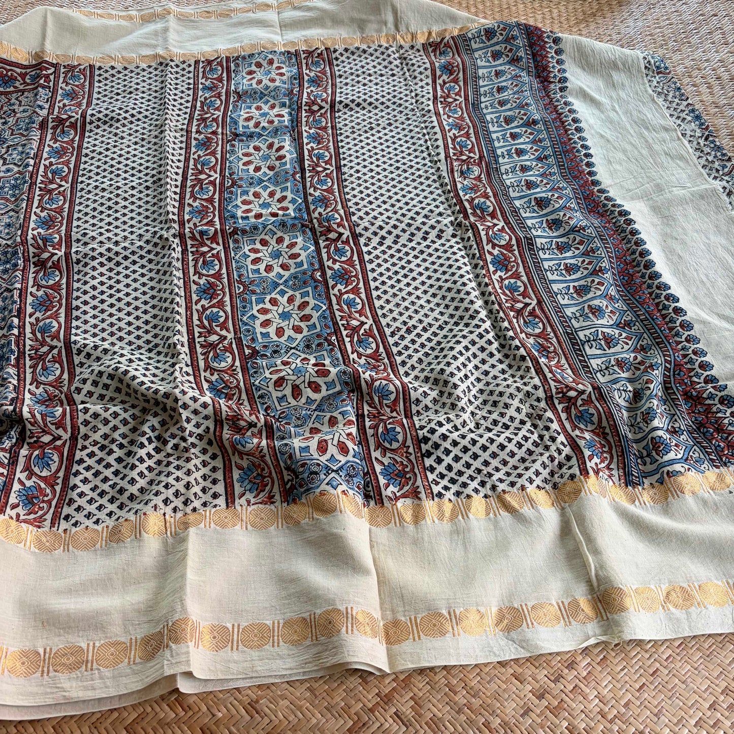 Star Offwhite , Ajrak Hand Block Printed On Madurai Cotton Saree With Zari