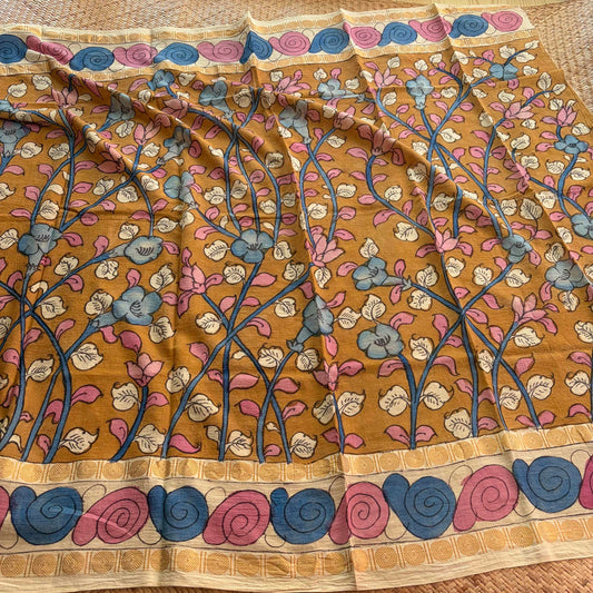 Mustard Floral, Kalamkari Hand Painted on a Madurai Sungudi Cotton 1.20 METER FABRIC