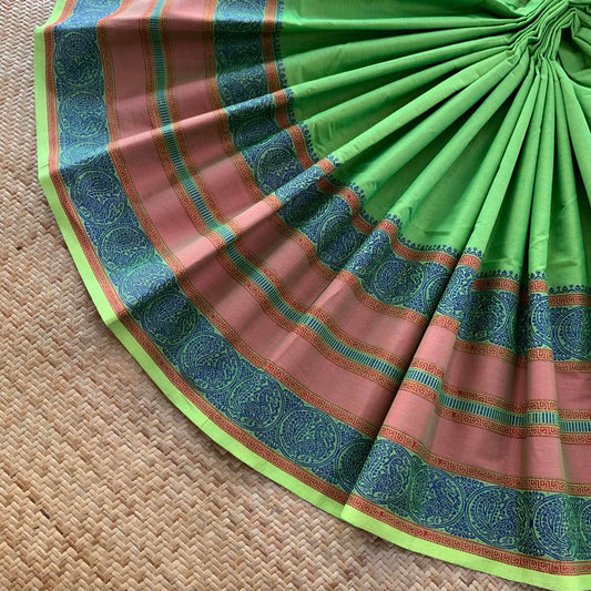 Kanchipuram Cotton Saree, Handwoven Green Saree With Grand Pallu