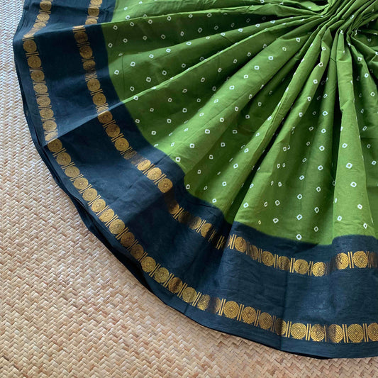 Olive Green Saree With Black Border, Hand knotted Sungudi On a Rudraksham Border Cotton saree, Kaikattu Sungadi