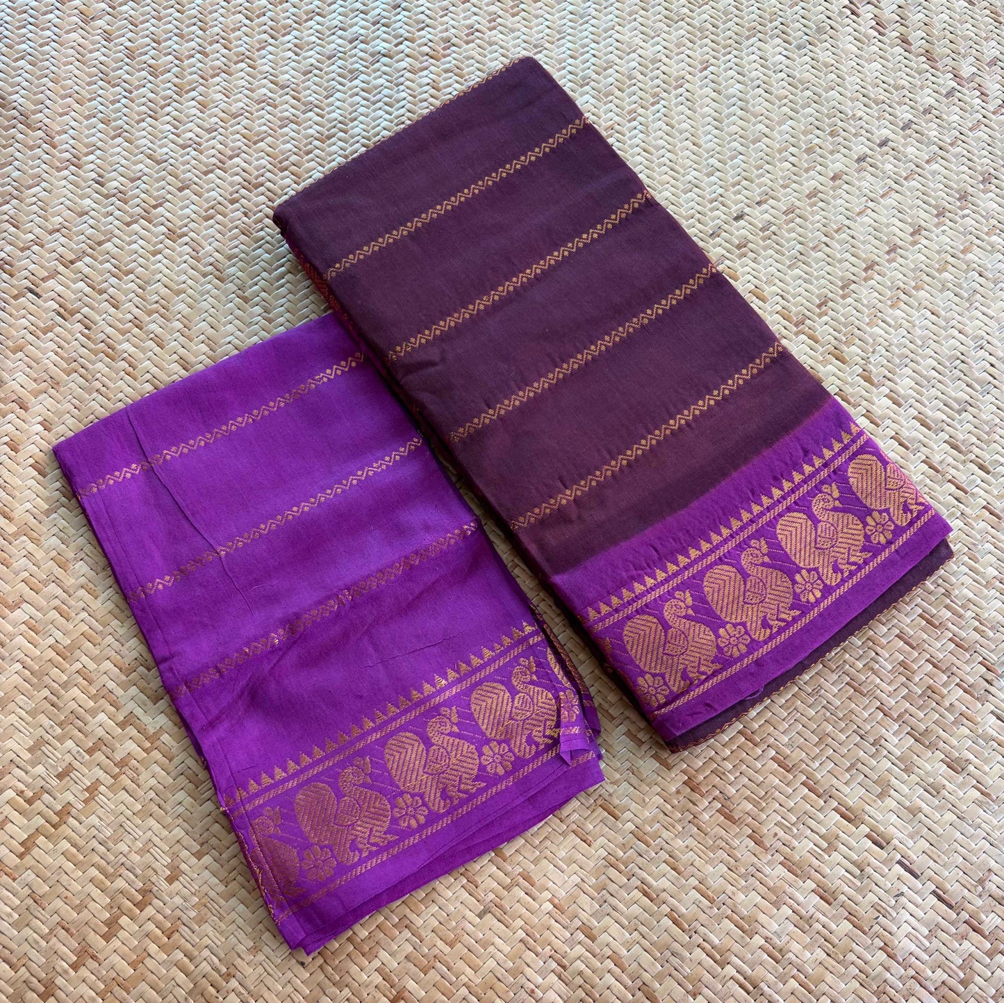 Brown saree with Purple Border, Zari Velthari Madurai Sungadi Saree with blouse