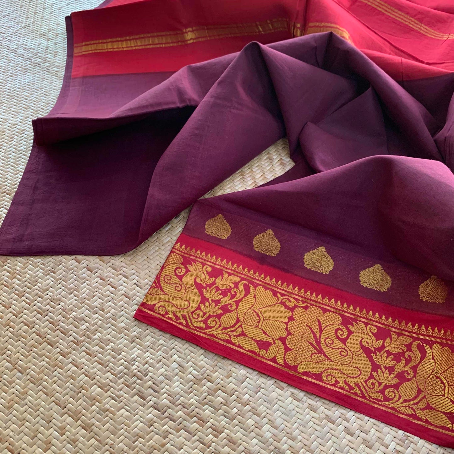 Brown Saree With Red Half Fine Zari Border, Clamp dyed (Kattu sayam).