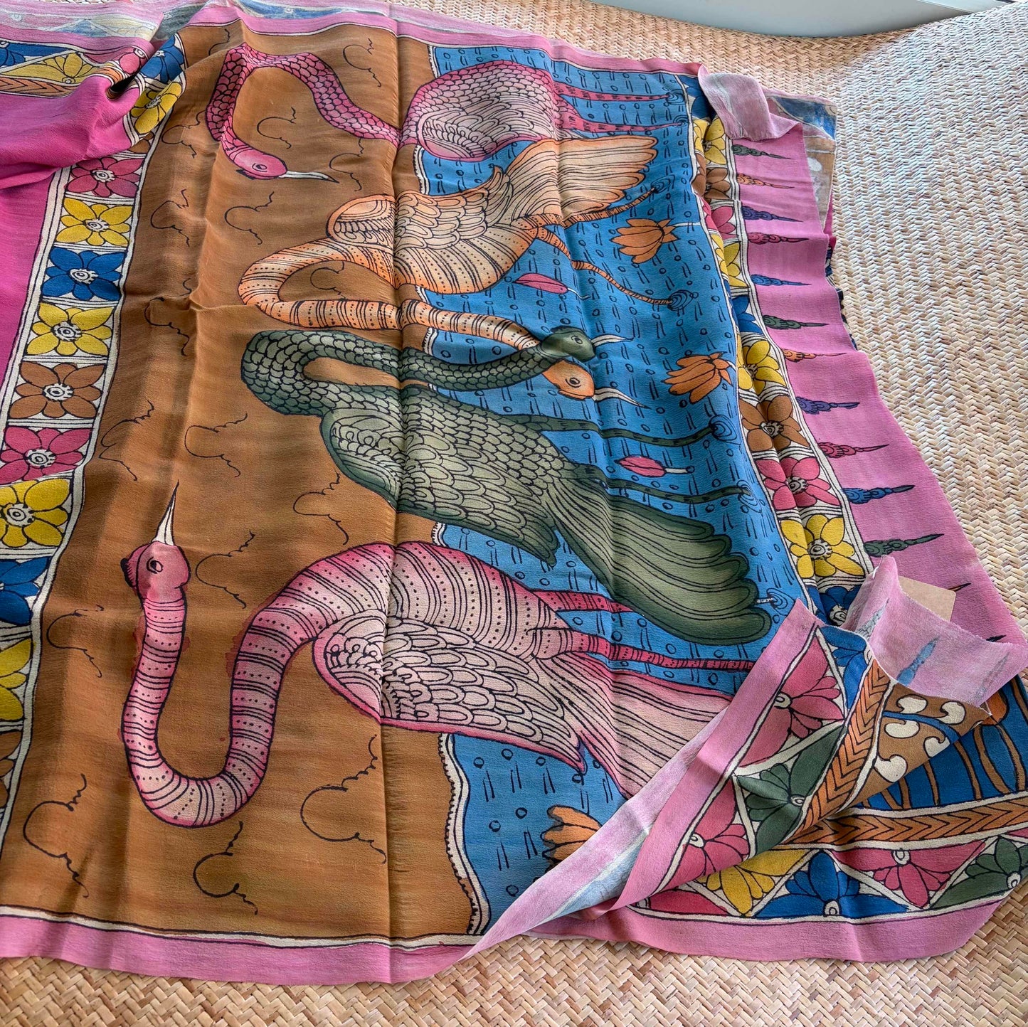 Multicoloured Kalamkari Hand Painted on Crape silk