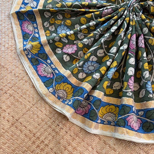 Green Kalamkari Hand Painted on Cotton Sungudi Saree With Blouse