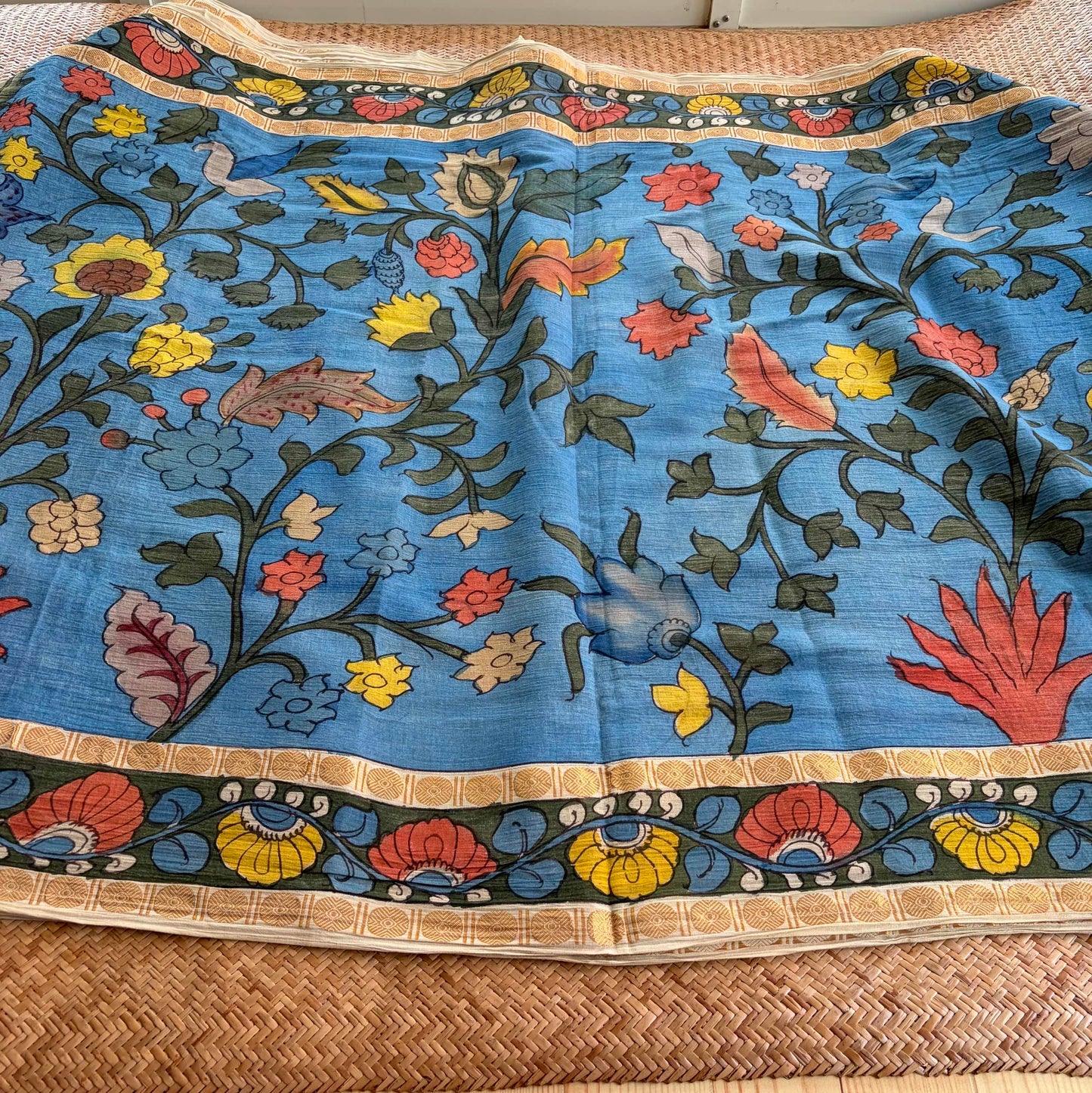 Blue, Kalamkari Hand Painted on Cotton Sungudi Saree With Blouse