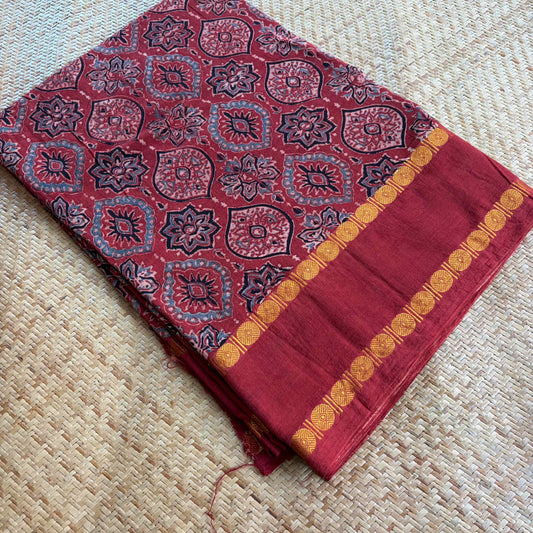 Red, Natural Dyeing Ajrak Hand Block Printed Cotton Running Fabric