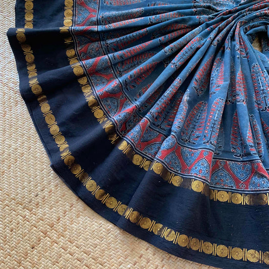 Indigo, Ajrak Hand Block Printed On Madurai Cotton Saree With Zari