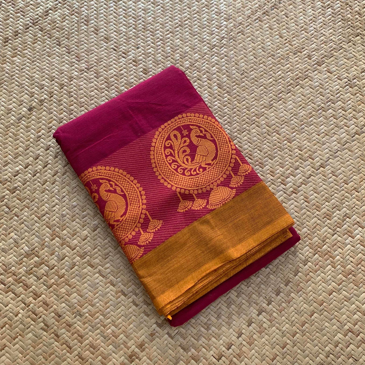 Maroon with Mustard Thread Border, Chettinadu Cotton Saree