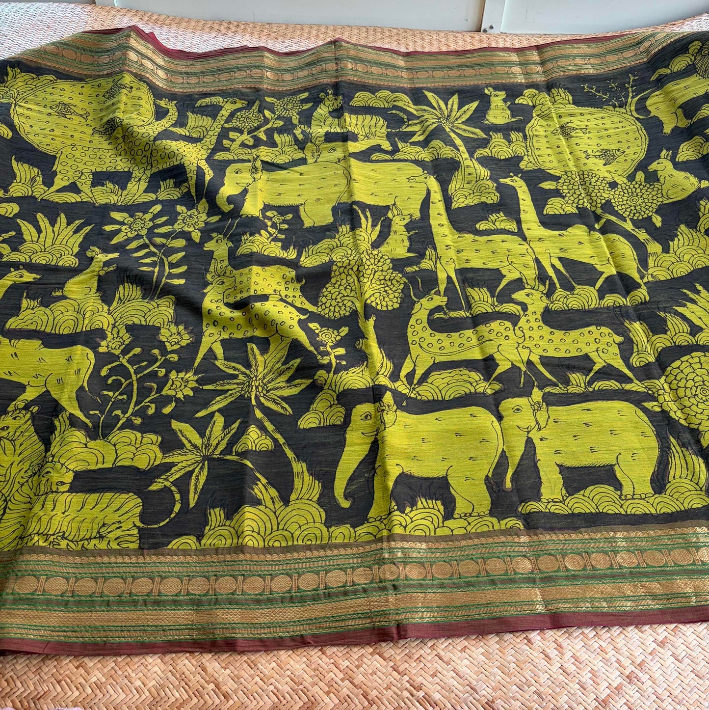 Green Forest Kalamkari Hand Painted on Chettinad Cotton saree
