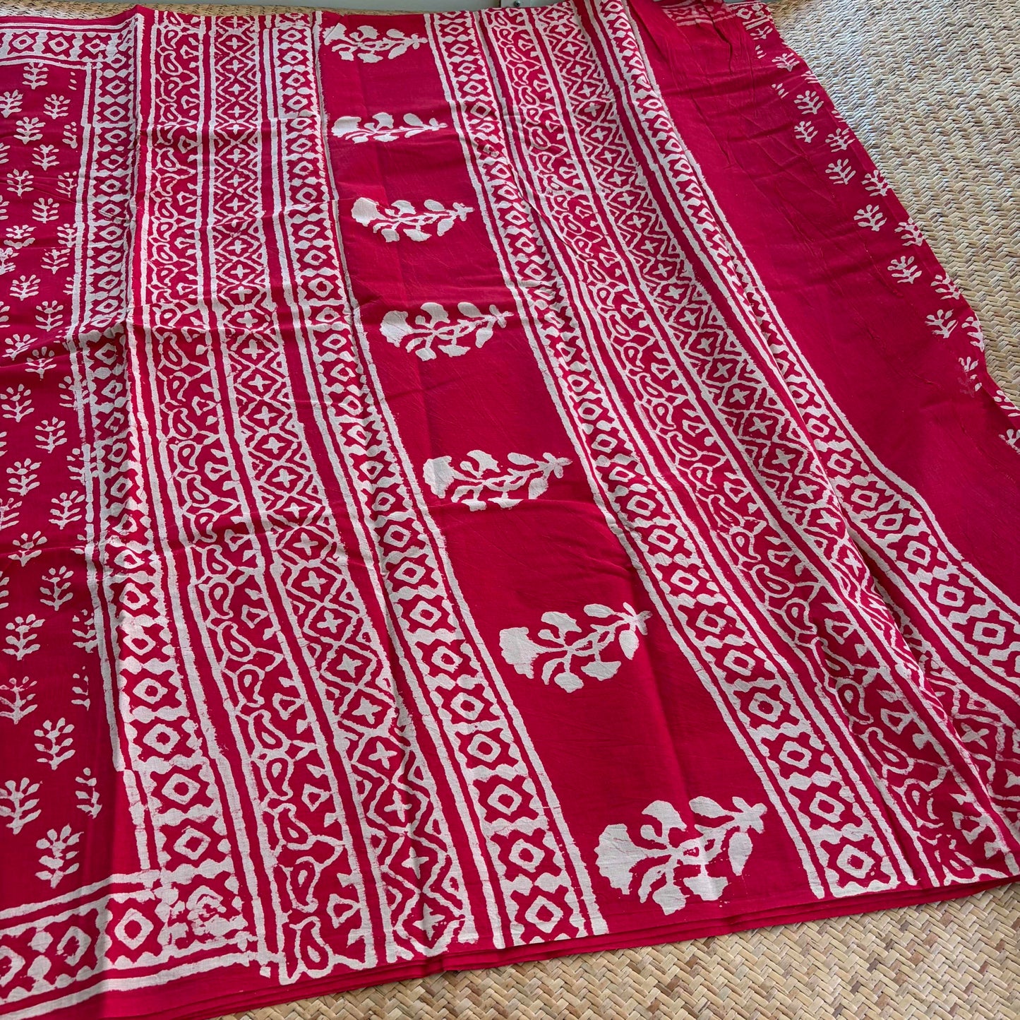 Mul Mul Cotton saree, Hand Block Printed, Red