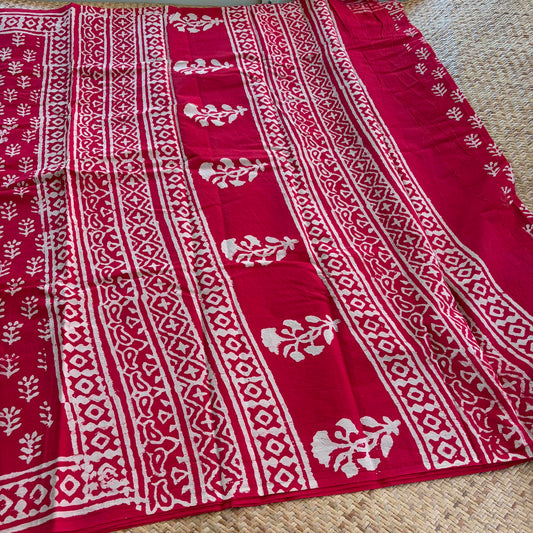 Mul Mul Cotton saree, Hand Block Printed, Red