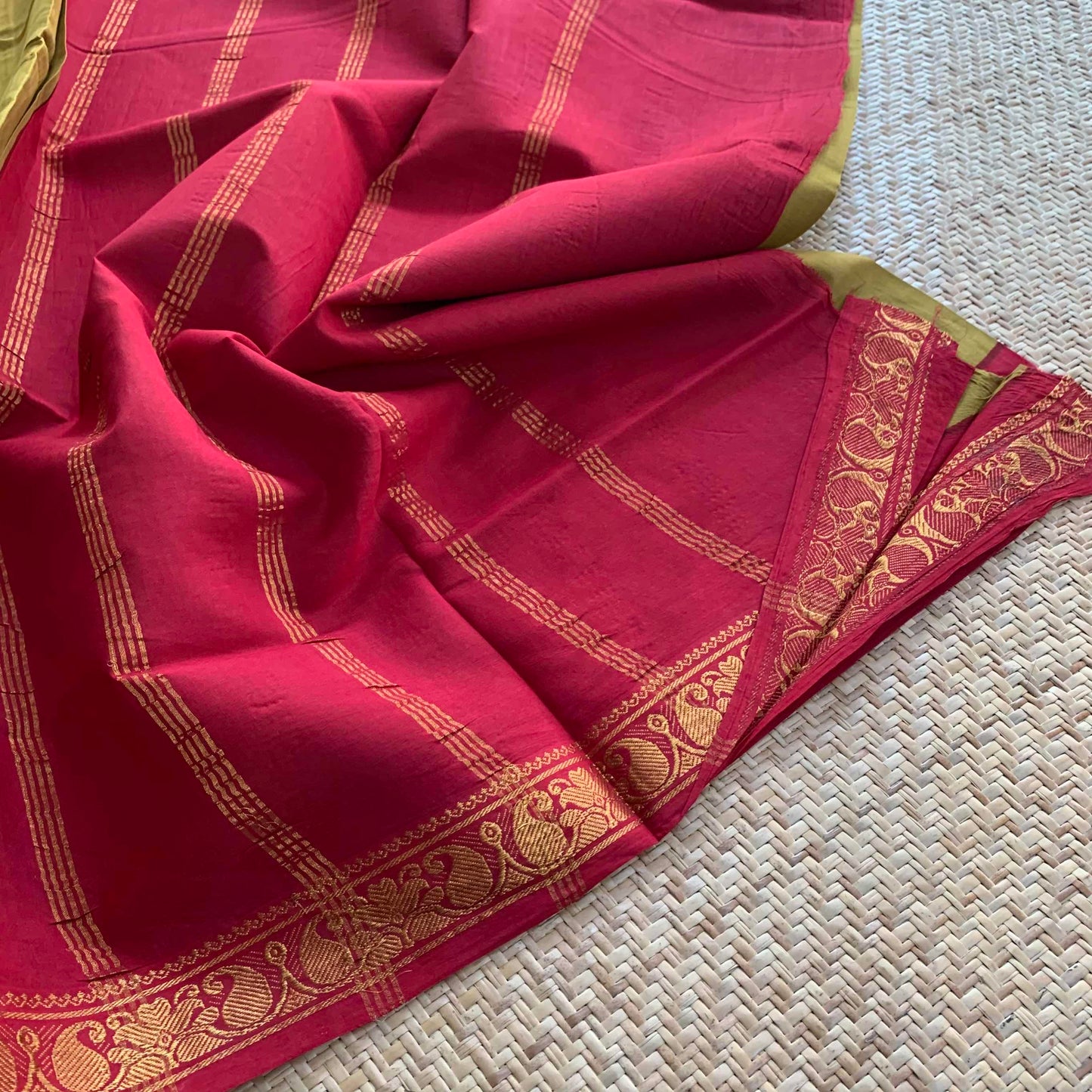 Green Saree With Red Half Fine Zari Border, Clamp dyed (Kattu sayam).