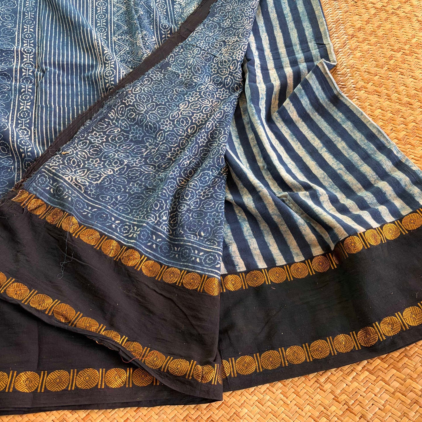 Strips Indigo, Ajrak Hand Block Printed On Madurai Cotton Saree With Zari