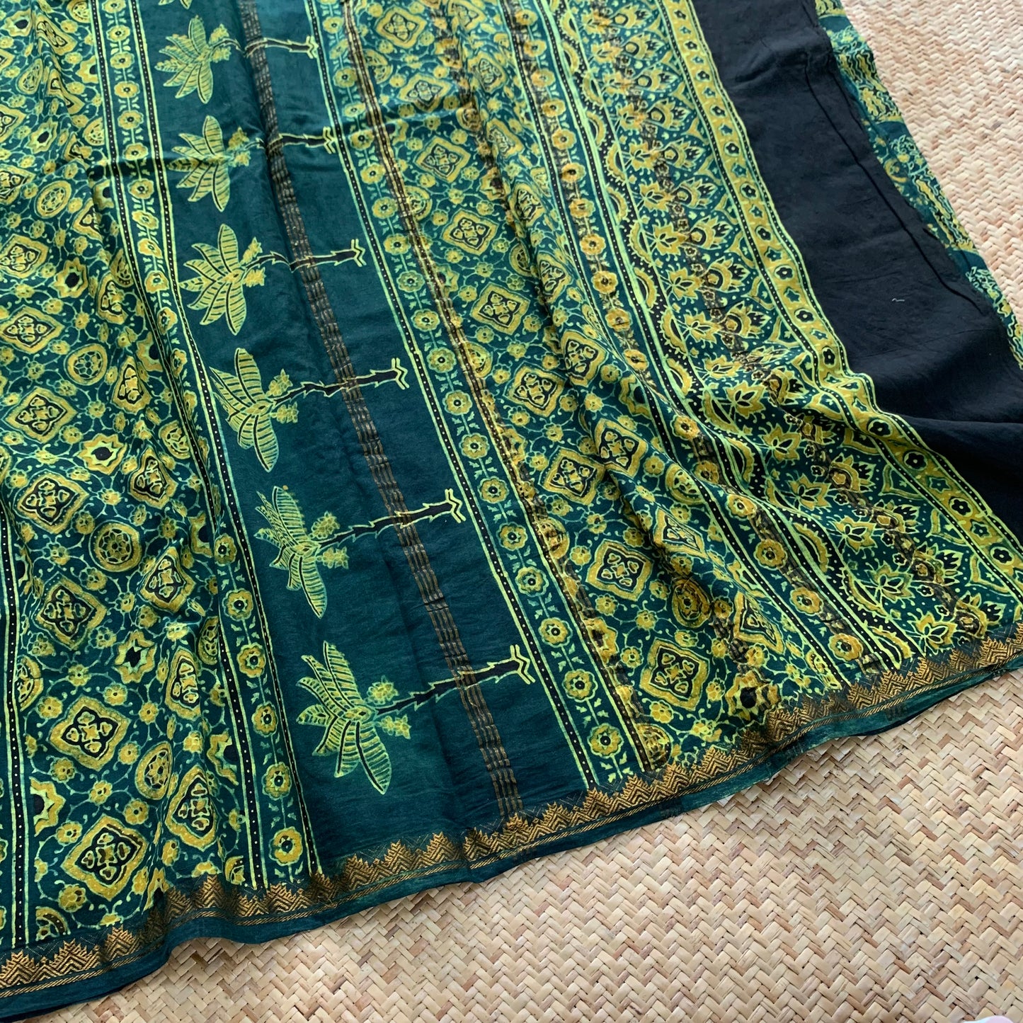 Algae- Green, Ajrak Hand Block Printed On Madurai Cotton Saree With Zari