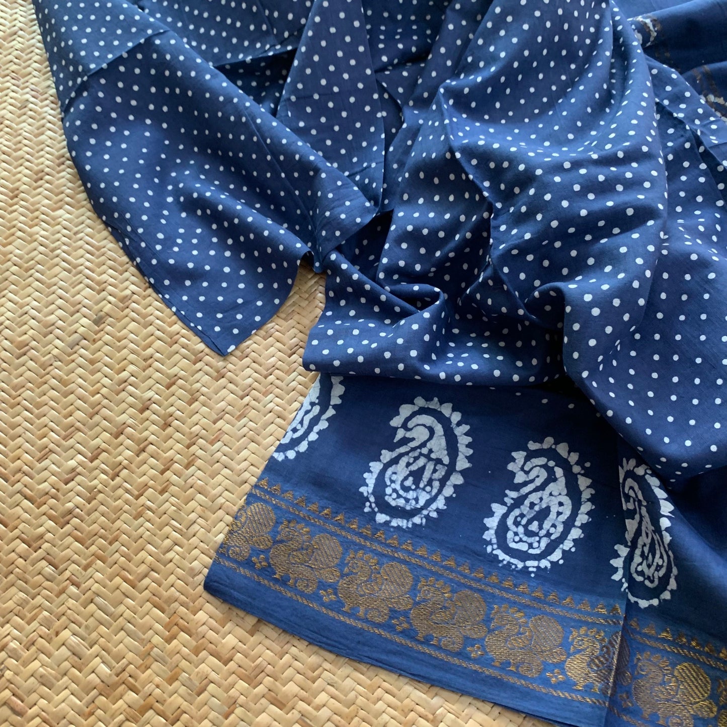 Blue Hand Crafted wax print Sungudi Mul Mul Cotton Saree