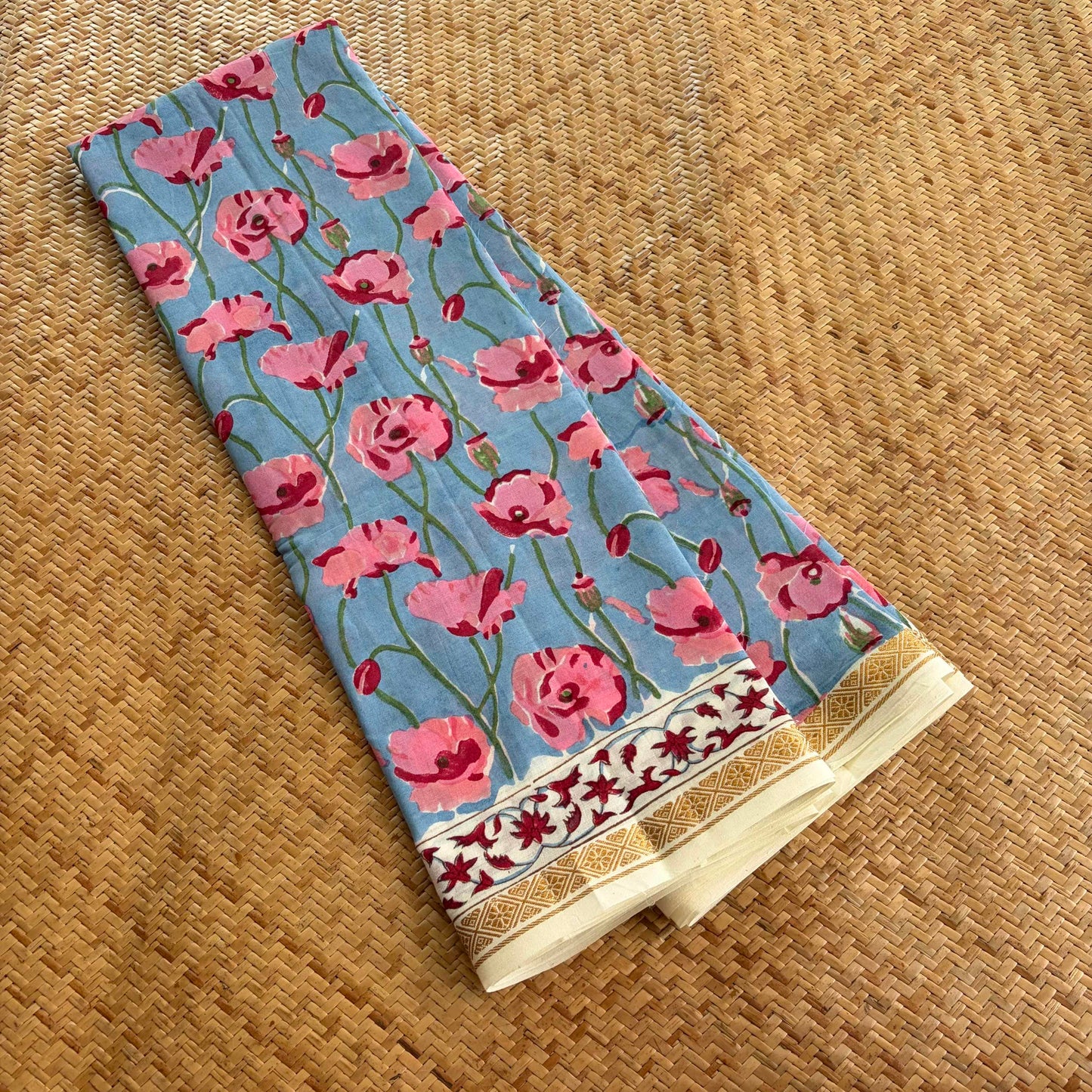 Blue, Jaipur Hand Block Printed On Madurai Cotton 3 Meters Running Fabric