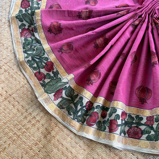 Pink Kalamkari Hand Painted on Cotton Sungudi Saree With Blouse