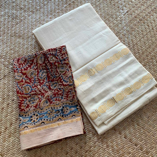 Off White Saree With Kalamkari Blouse , Zari Rudraksham Rettai Pettu Border , Clamp dyed (Kattu sayam).