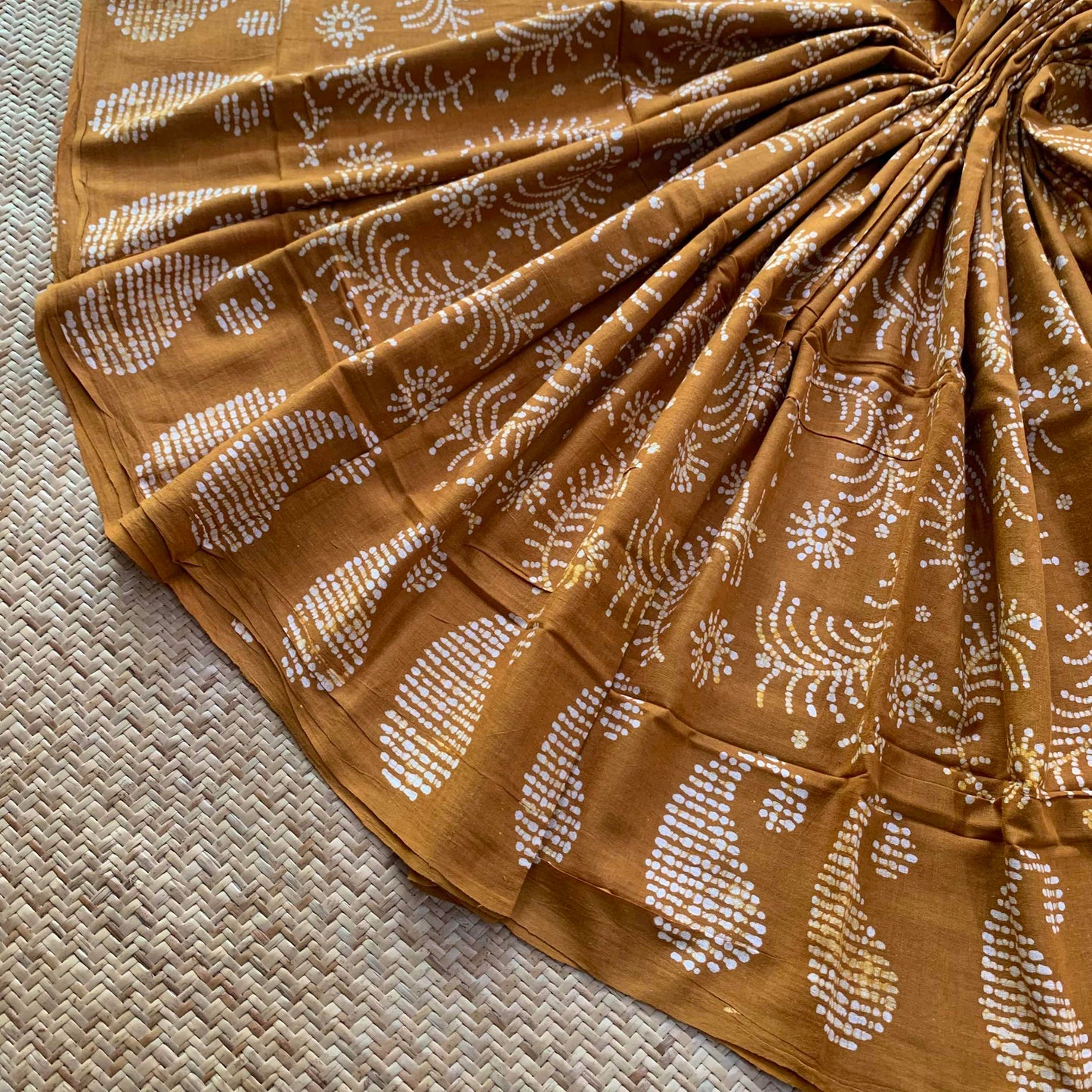 Mustard Hand Crafted wax print Sungudi Mul Mul Cotton Saree