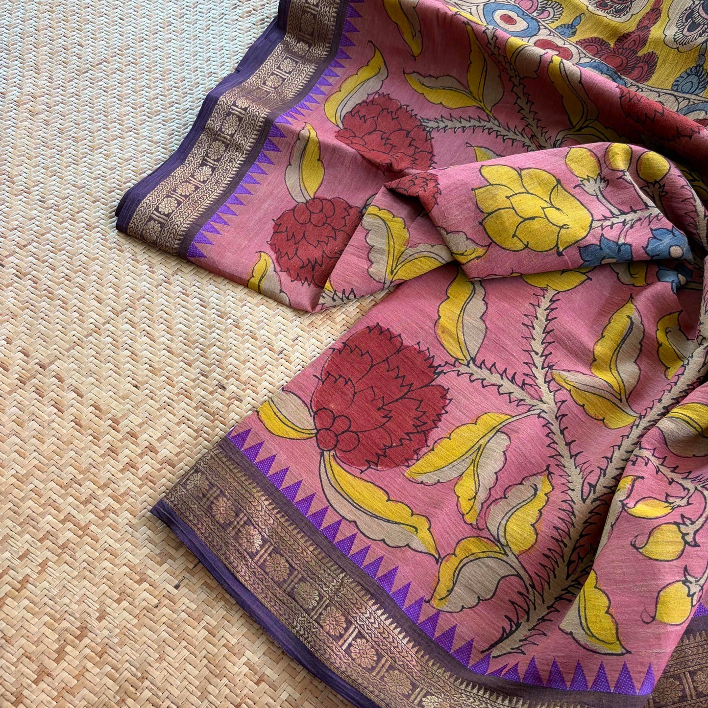 Pink, Kalamkari Hand Painted on Chettinad Cotton saree