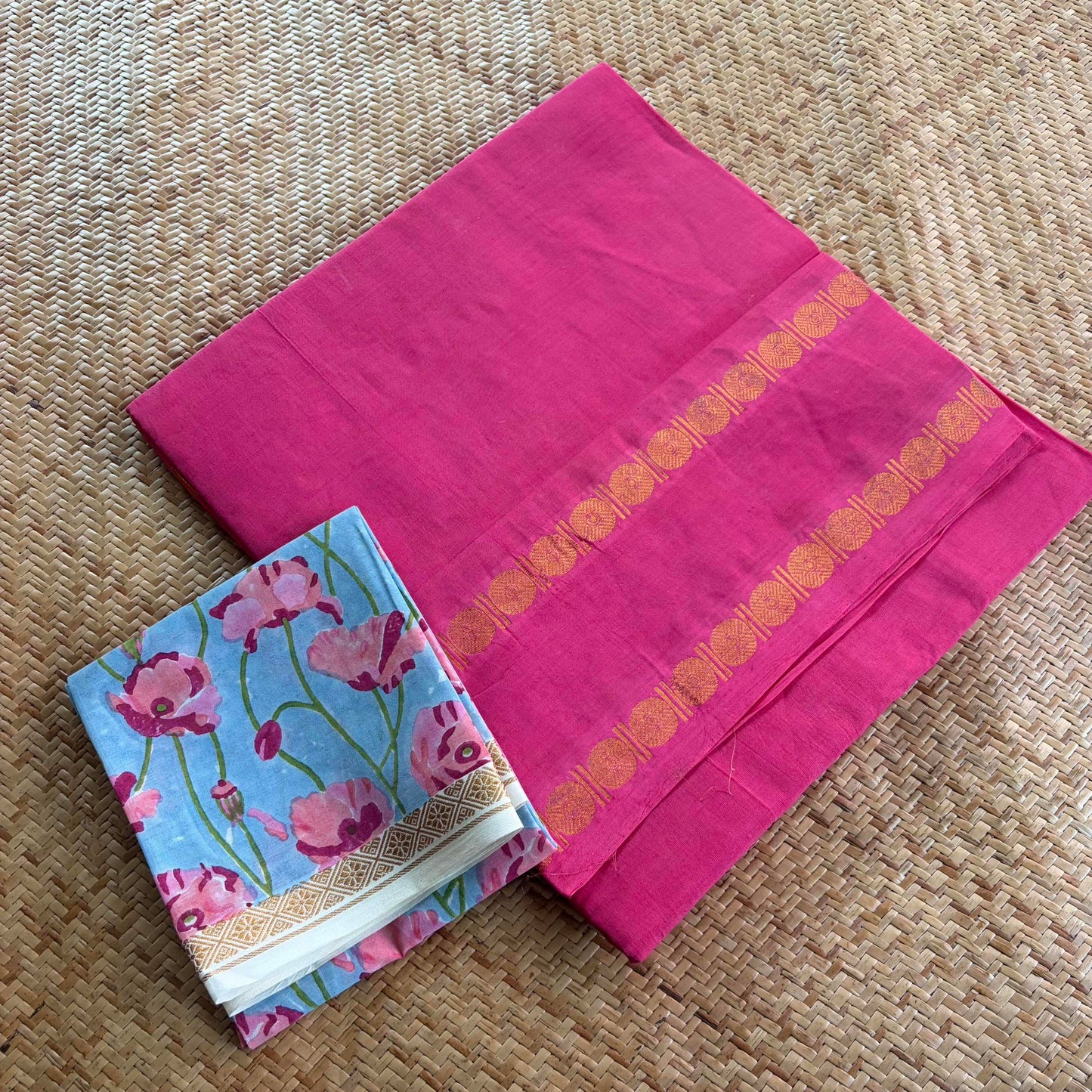 Pink Saree With Hand Block Printed Blouse , Zari Rudraksham Rettai Pettu Border , Clamp dyed (Kattu sayam)