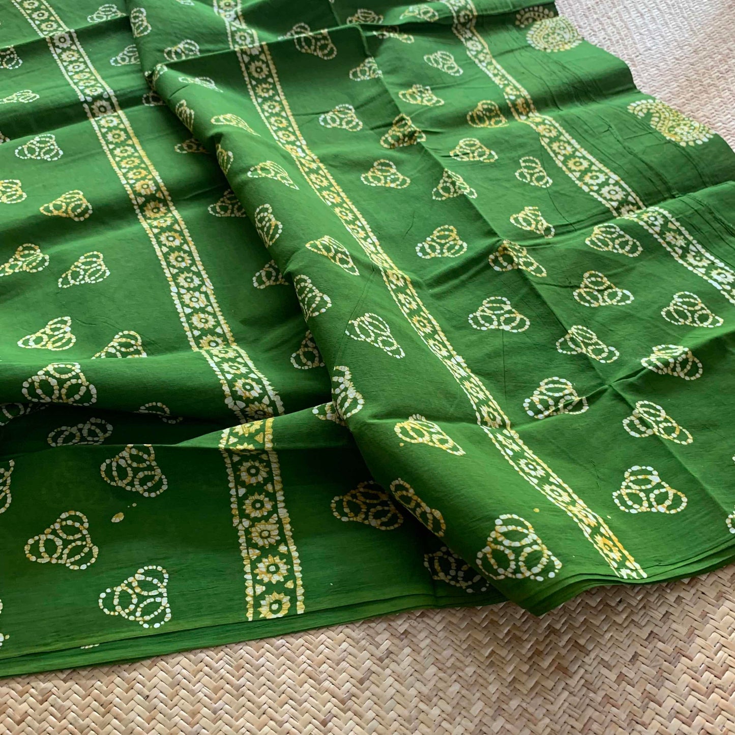 Green Hand Crafted wax print Sungudi Cotton Saree