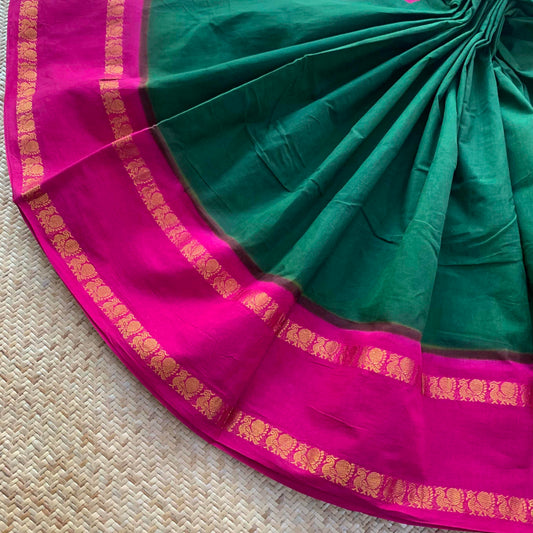 Dark Green Saree With Pink Border, Zari Annam Rettai Pettu Border , Clamp dyed (Kattu sayam).